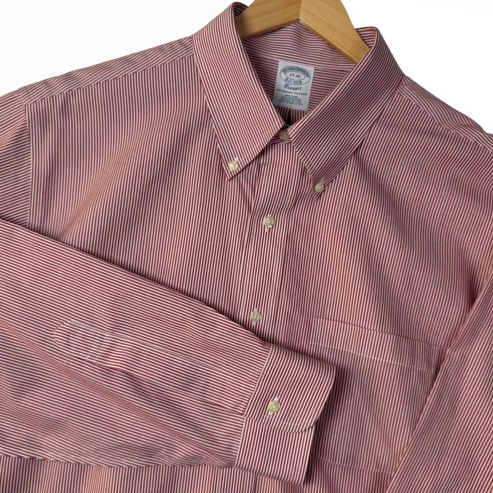 Brooks Brothers Mens‎ 17 35 Red Stripe Non Iron Dress Shirt Classic